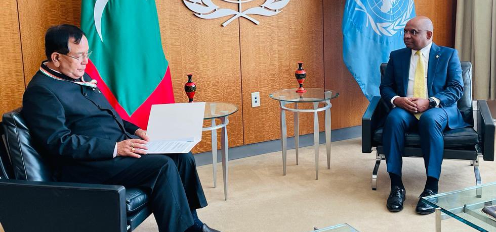 Minister of State for External Affairs, Dr. Rajkumar Ranjan Singh meets Abdulla Shahid, President of the 76th session of the United Nations General Assembly