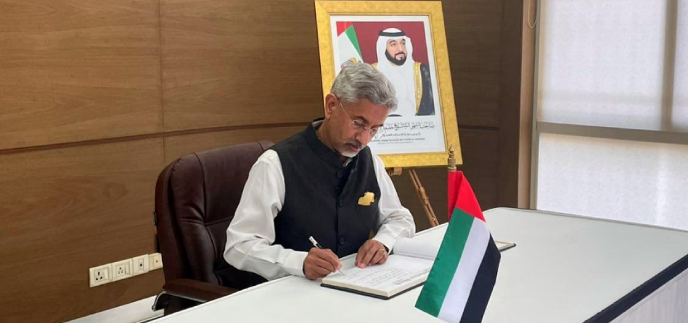 External Affairs Minister Dr. S. Jaishankar Signed the condolence book at the Embassy of United Arab Emirates, extending deepest condolences on the passing away of H. H. Sheikh Khalifa bin Zayed Al Nahyan, late President of the UAE