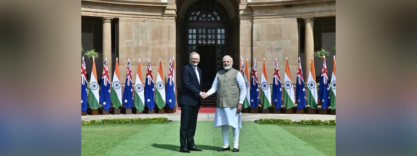Prime Minister Shri Narendra Modi welcomes H. E. Mr. Anthony Albanese, Prime Minister of Australia for the 1st India-Australia Annual Summit at Hyderabad House