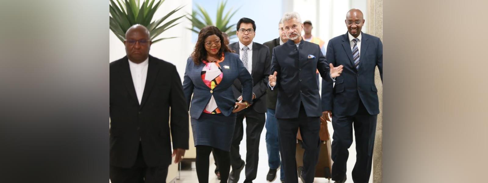 External Affairs Minister Dr. S. Jaishankar received by Deputy Minister of International Relations and Cooperation of Namibia, H.E. Ms. Jenelly Matundu upon his arrival in Windhoek