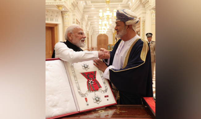 Prime Minister Shri Narendra Modi conferred with the Order of Oman (First Class) by His Majesty Sultan Haitham bin Tarik of Oman in Muscat