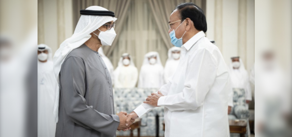 Vice President Shri M. Venkaiah Naidu offered condolences to the newly elected President of UAE HH Sheikh Mohammed bin Zayed Al Nahyan on sad demise of late President of UAE, HH Sheikh Khalifa Bin Zayed Al Nahyan, at Mushrif Palace, Abu Dhabi