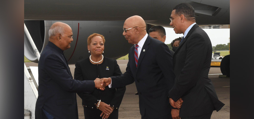 President Shri Ram Nath Kovind arrives in Kingston on the state visit to Jamaica. Sir Patrick Allen, Governor General of Jamaica and Prime Minister of Jamaica H.E. Mr. Andrew Holness received President Kovind at the airport.