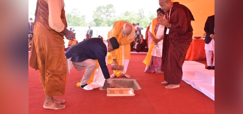 Prime Minister Shri Narendra Modi and Prime Minister of Nepal Rt. Hon’ble Sher Bahadur Deuba, perform shilanyas ceremony of the India International Centre for Buddhist Culture and Heritage in Lumbini, Nepal
